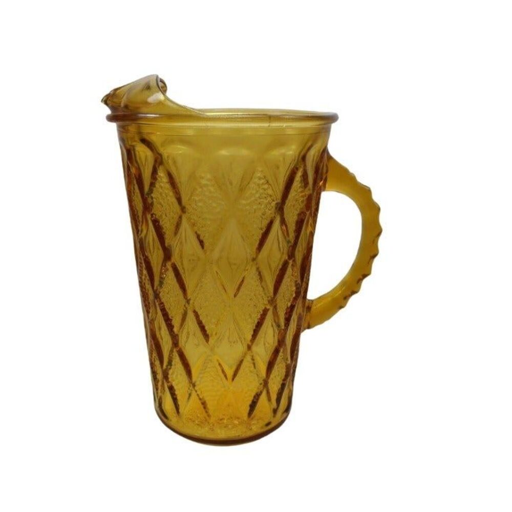 Vintage 2 Quart Pitcher Pressed Glass Diamond Pattern and Ribbed Handle 9 1/2"